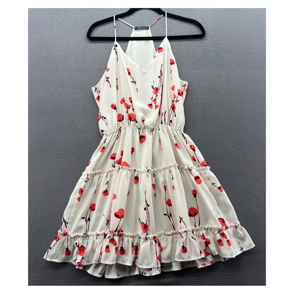 KLd Dress L Red Poppy Floral Mini Ivory Tiered Ruffle Chiffon